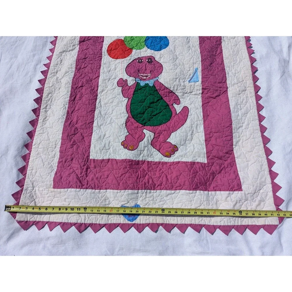 Vintage Handmade Barney the Dinosaur Baby Quilt Blanket Colorful Balloons 43